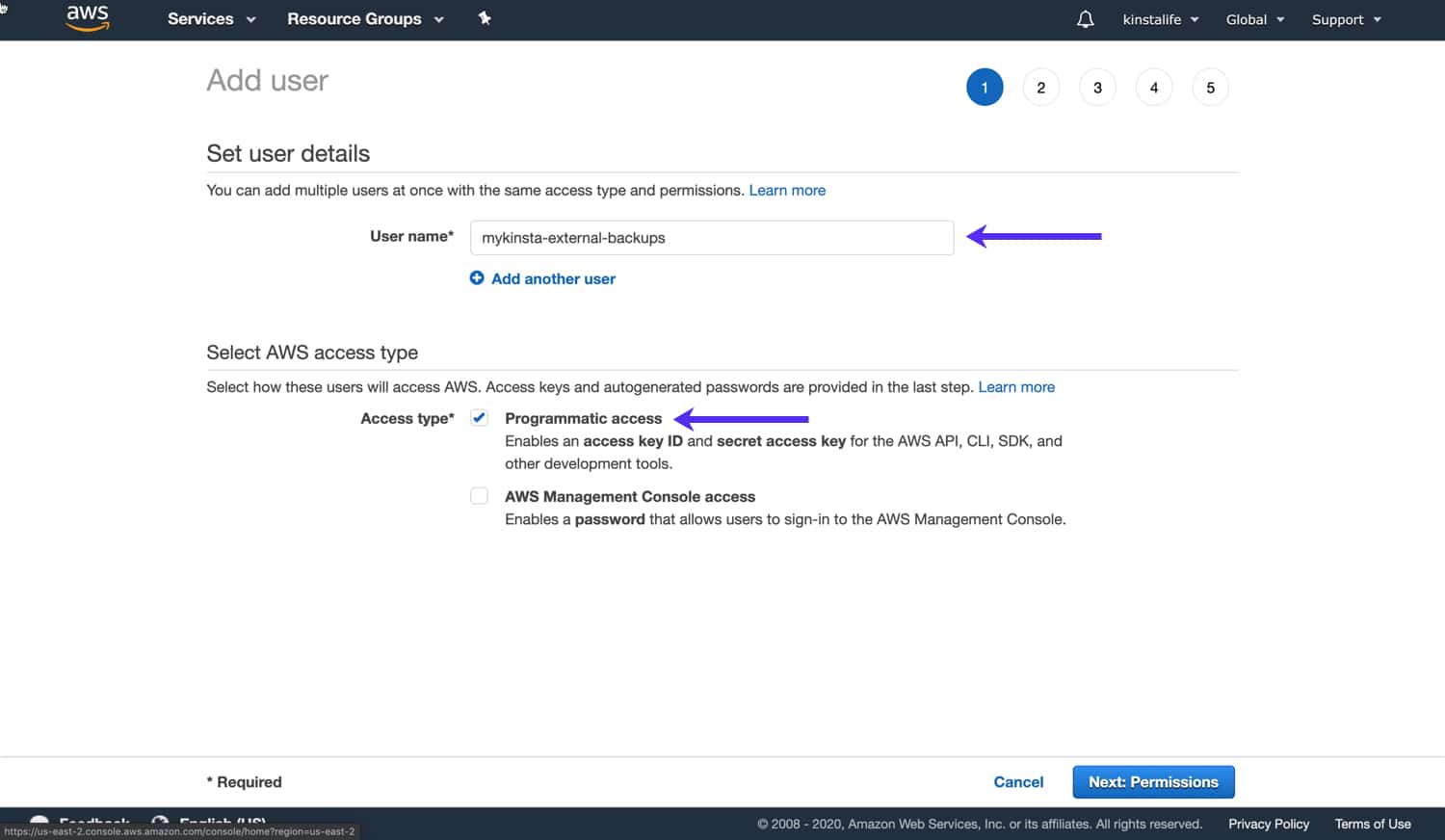 Spécifiez un nom d'utilisateur et un type d'accès pour votre utilisateur IAM.