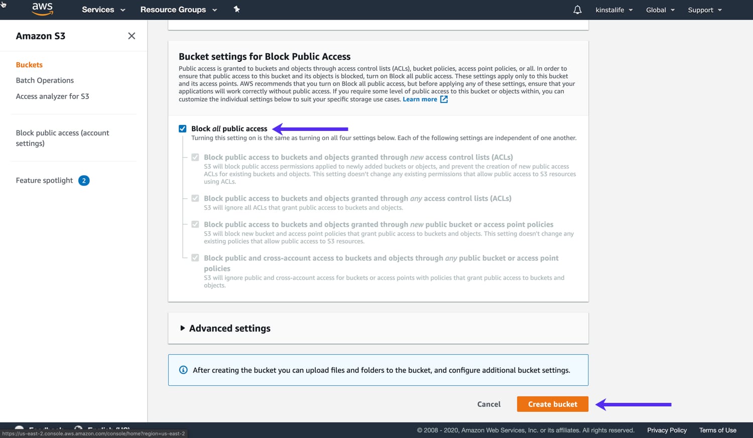 Create your Amazon S3 bucket Amazon S3バケットを作成