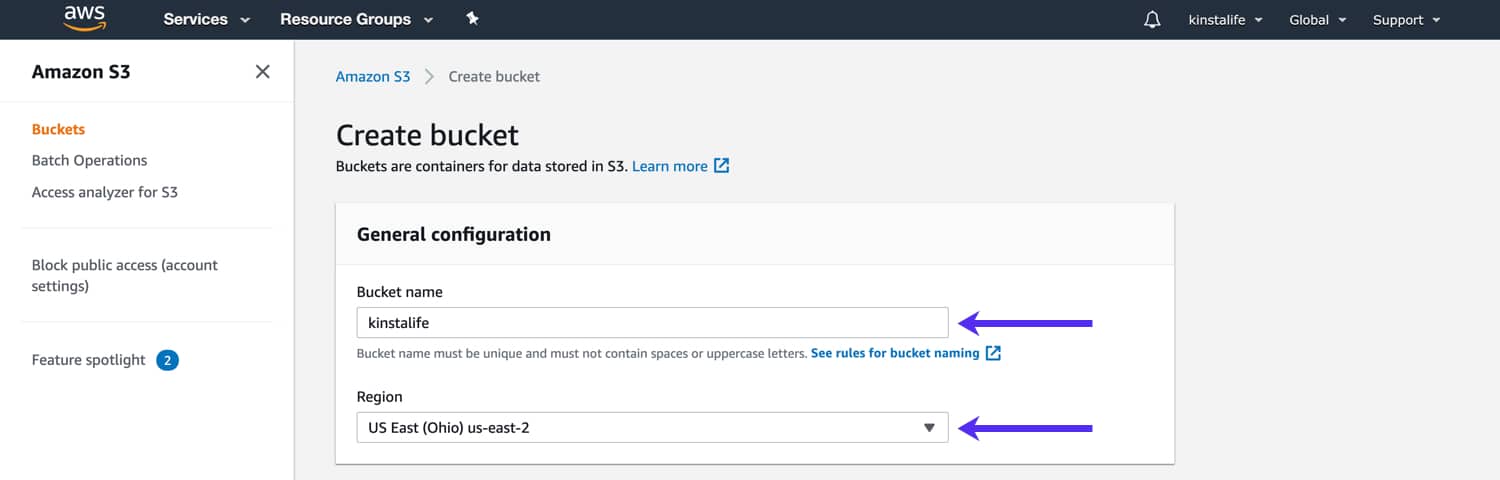 Especifique um nome e região para o seu bucket S3.