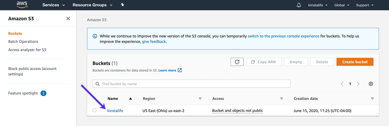 Il vostro bucket di archiviazione nella dashboard S3.