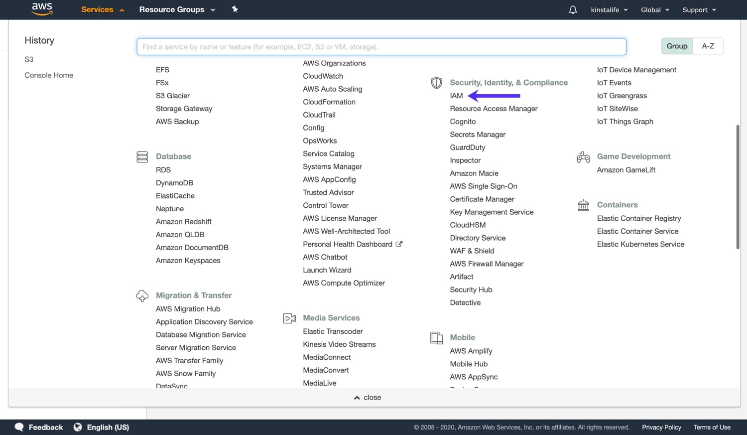 Navegue para as configurações do IAM em AWS.