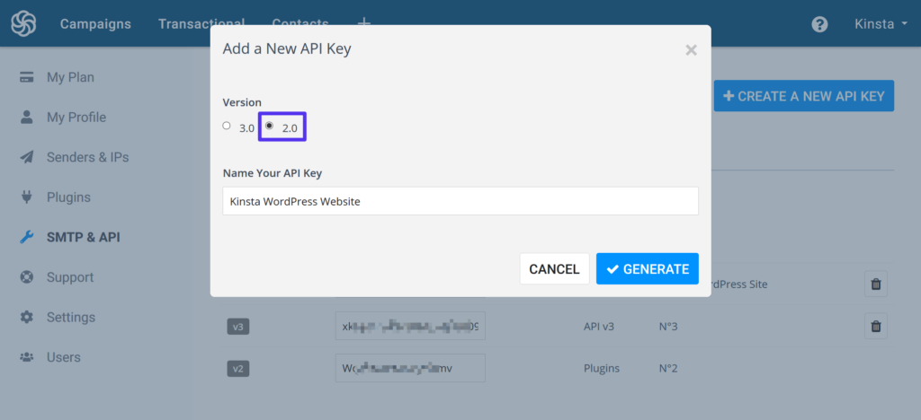 Create a Sendinblue API 2.0 key