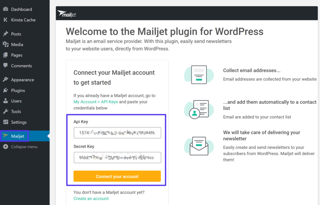 Add Mailjet API keys to plugin settings