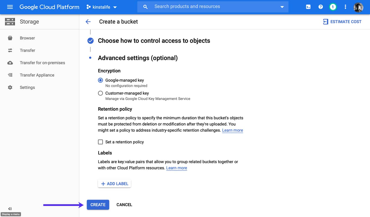 Schermata Create a bucket in Google Cloud Platform: è evidenziata la sezione "Choose how to control access to objects"