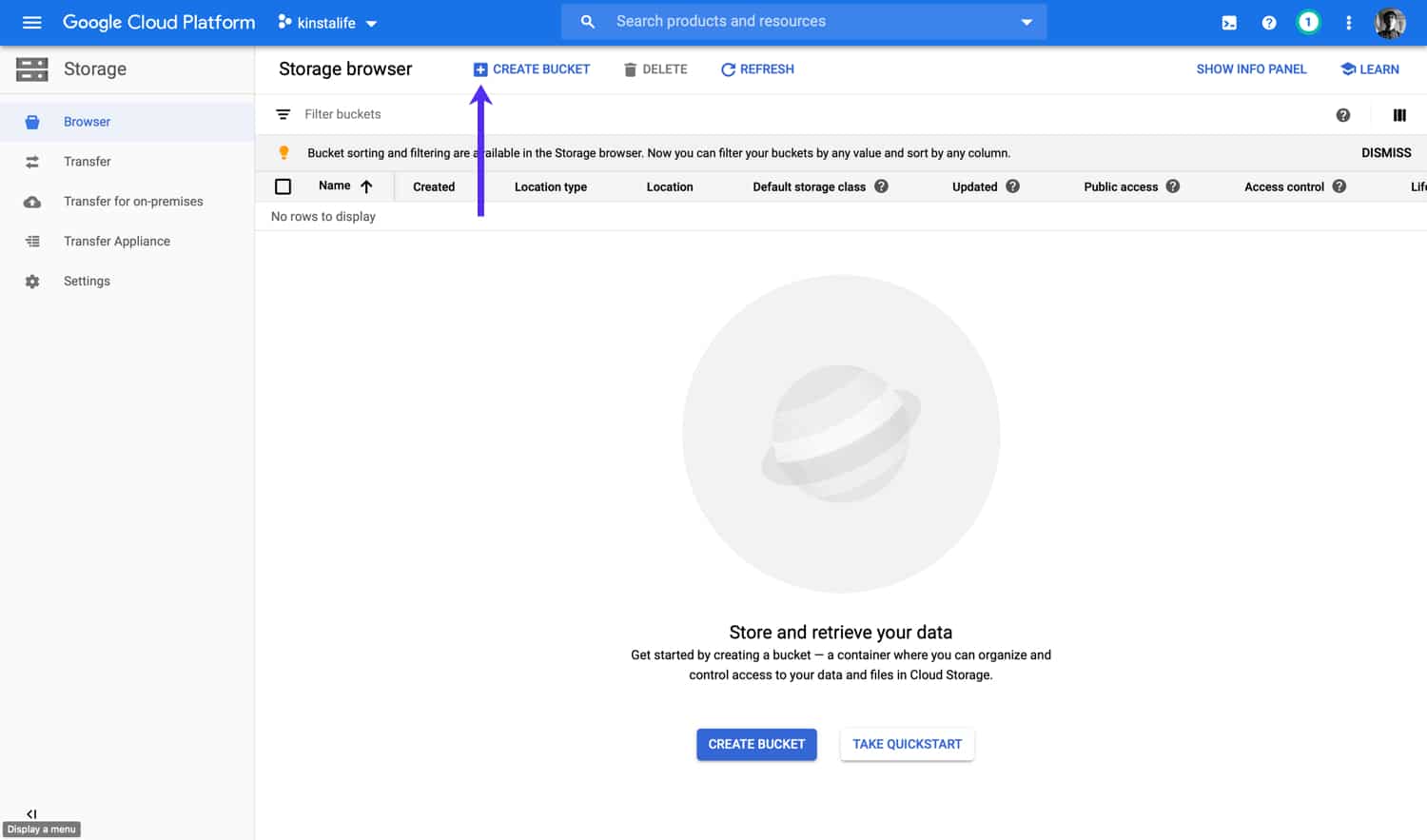 Schermata Storage browser in Google Cloud Platform.