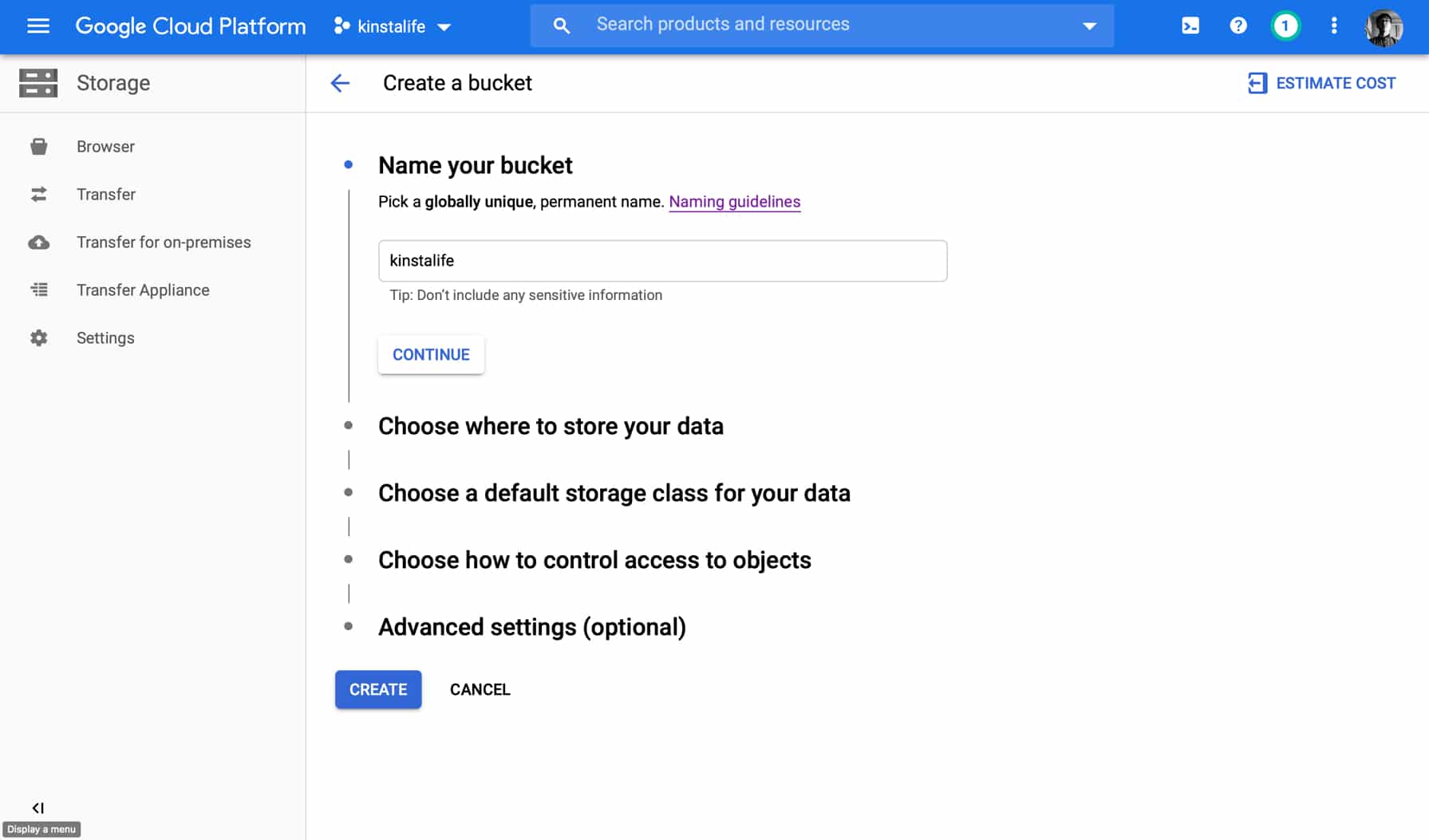 Date un nome al vostro bucket di Google Cloud Storage.