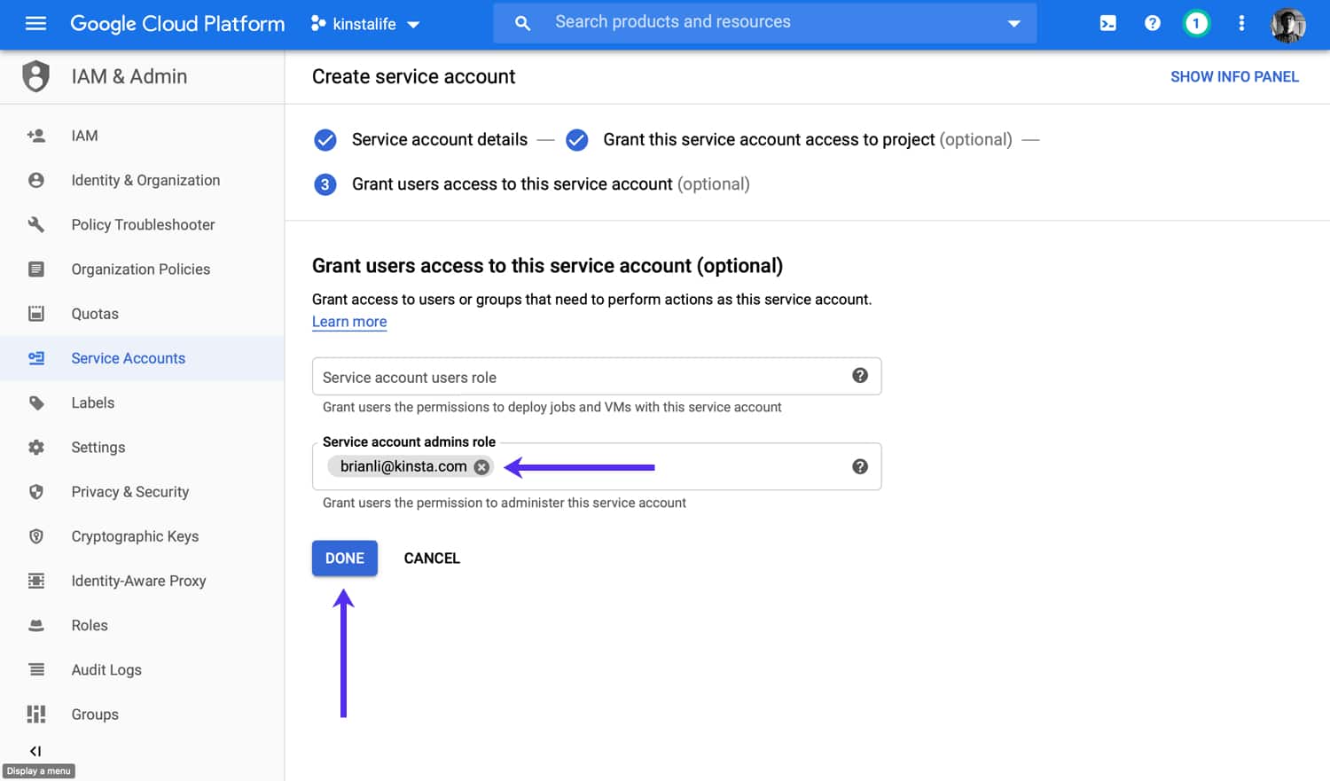 Schermata Create service account di Google Cloud Platform e modulo "Grant users access to this service account - optional"