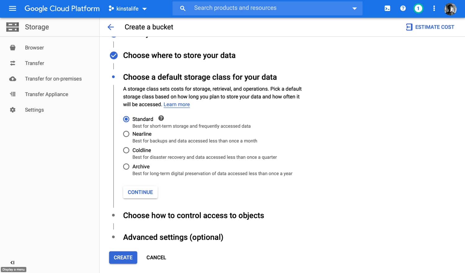 Selecione uma classe de armazenamento para o seu GCS bucket.
