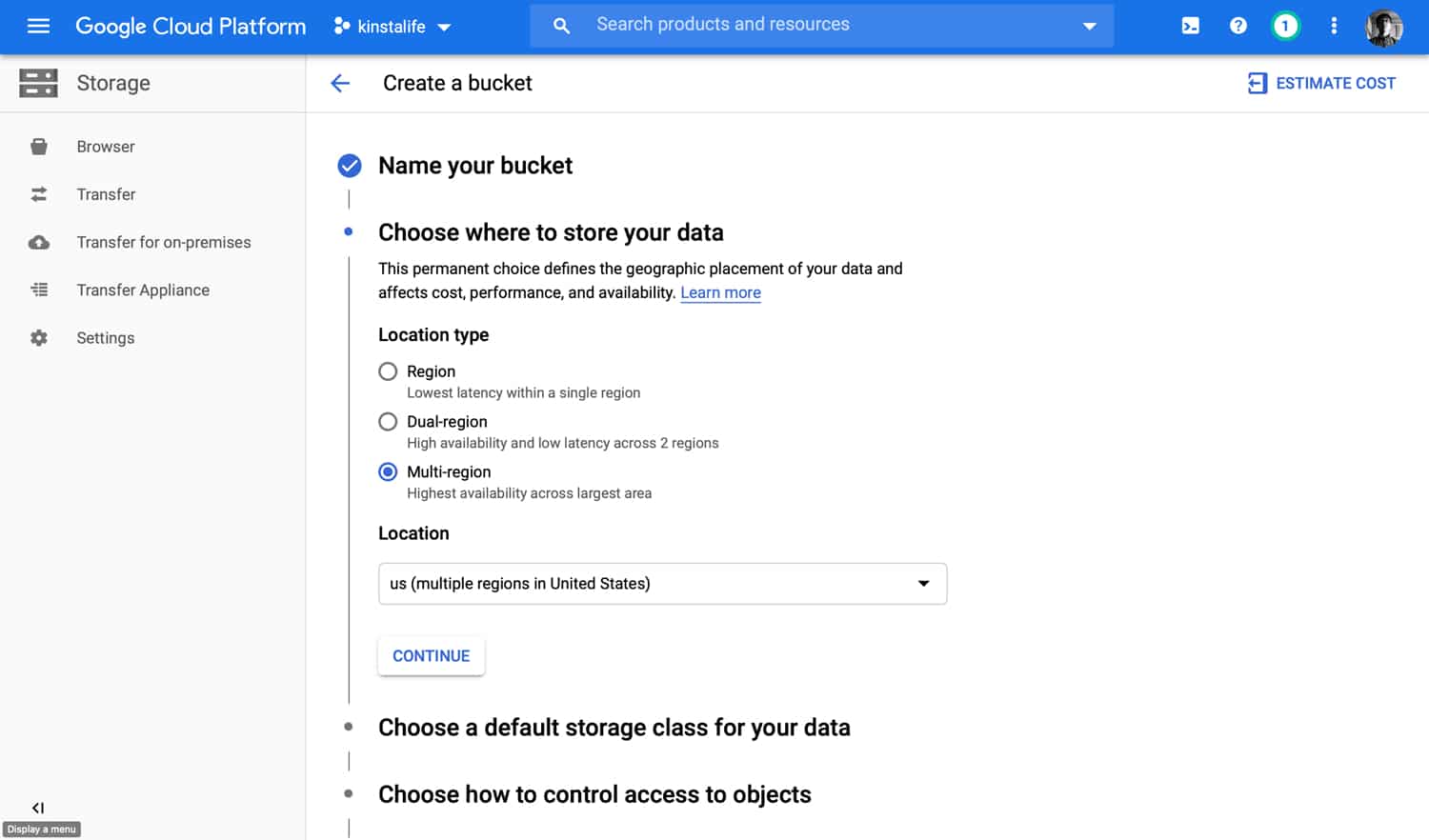 Select a region for your GCS bucket.