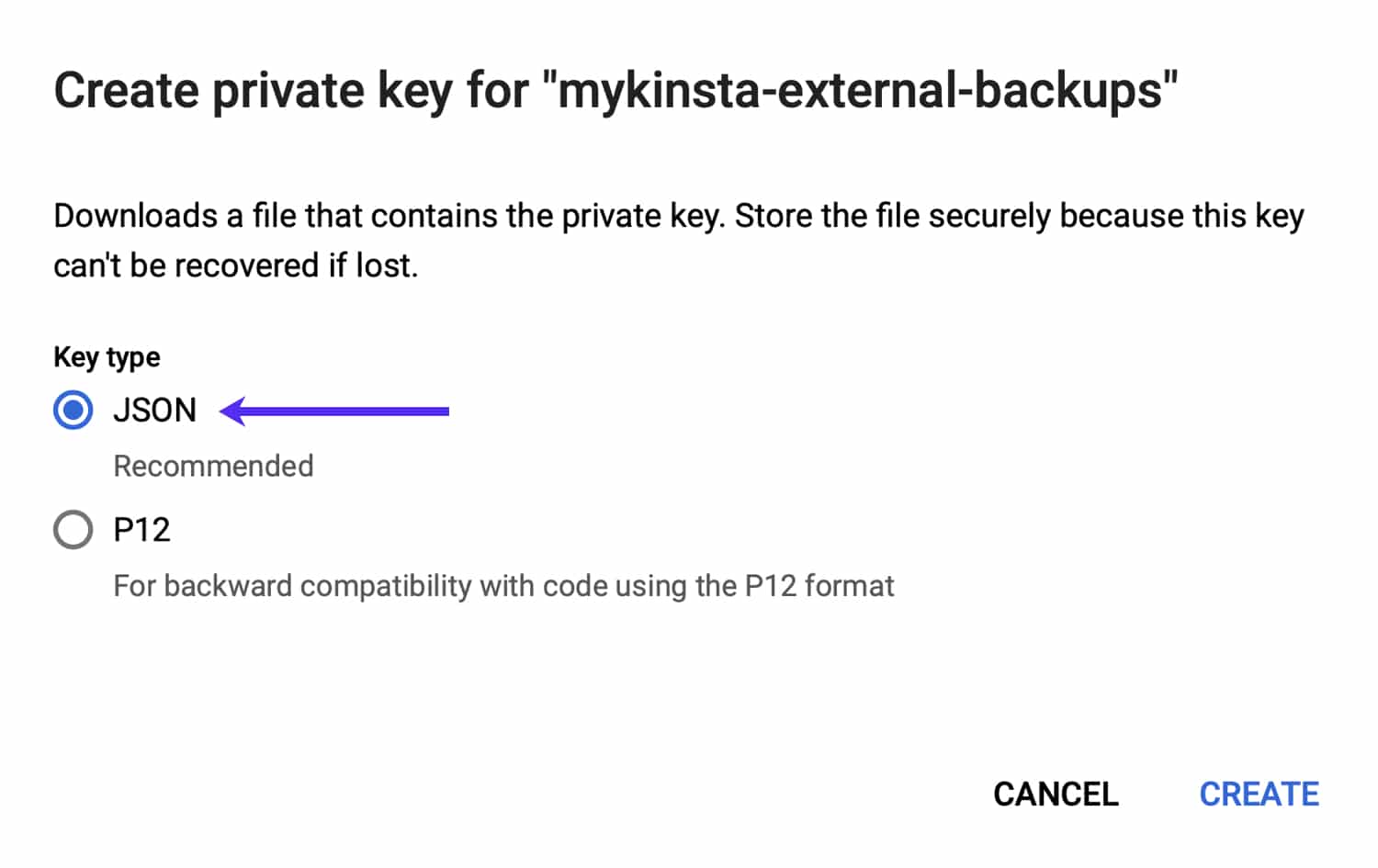 Create a JSON key pair for your service account.