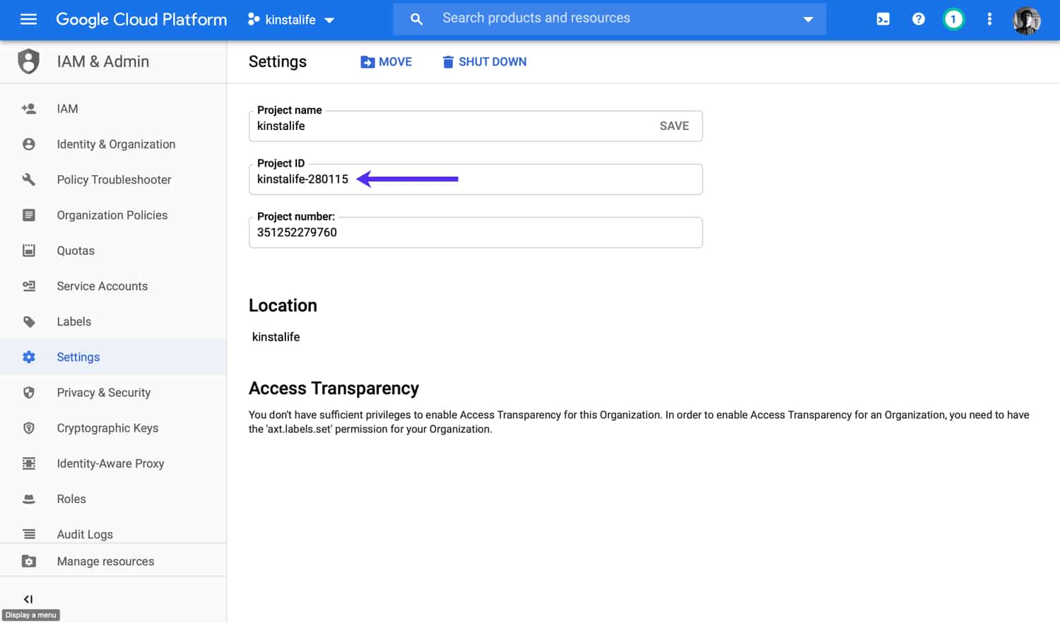 Schermata Settings di Google Cloud Platform: una freccia viola indica il campo Project ID.