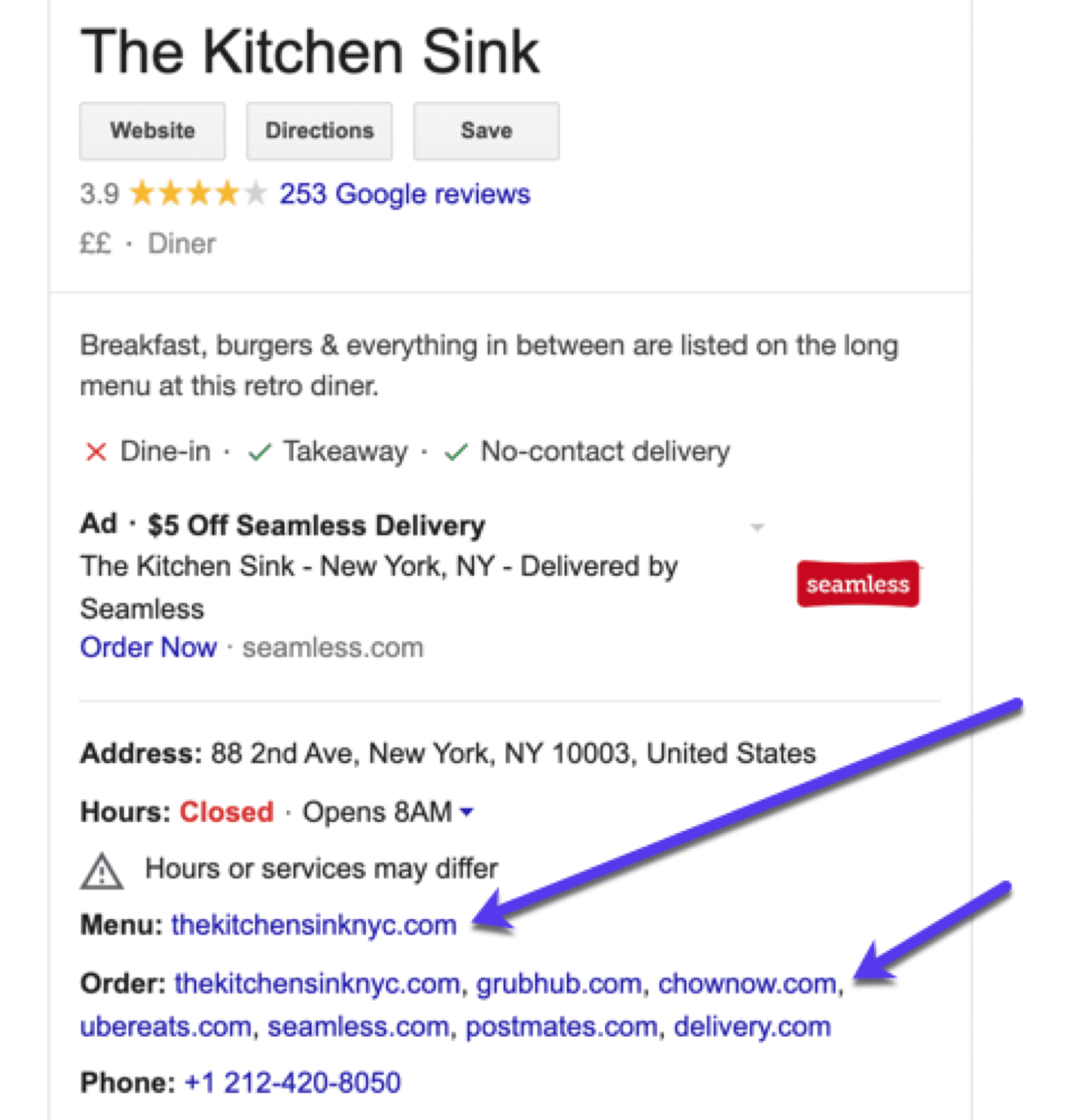 Run a restaurant? Add links to your menu + online orders