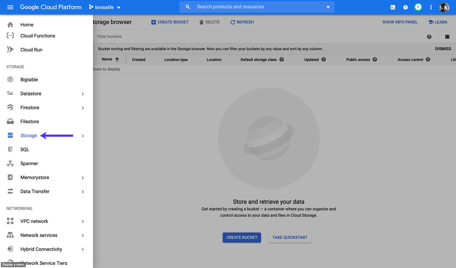 Gehe zu Storage, um mit dem Erstellen eines Google Cloud Storage Buckets zu beginnen.