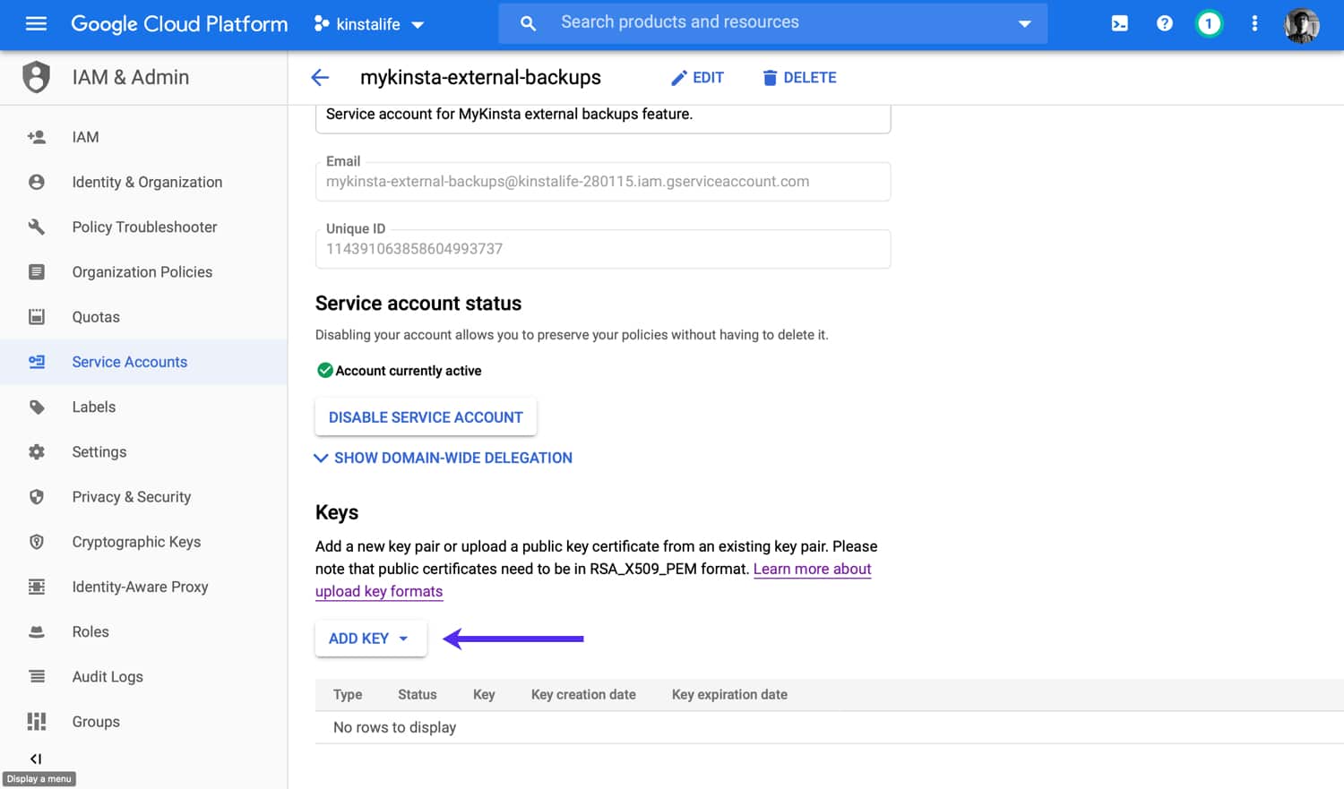 Create a key pair for your service account.