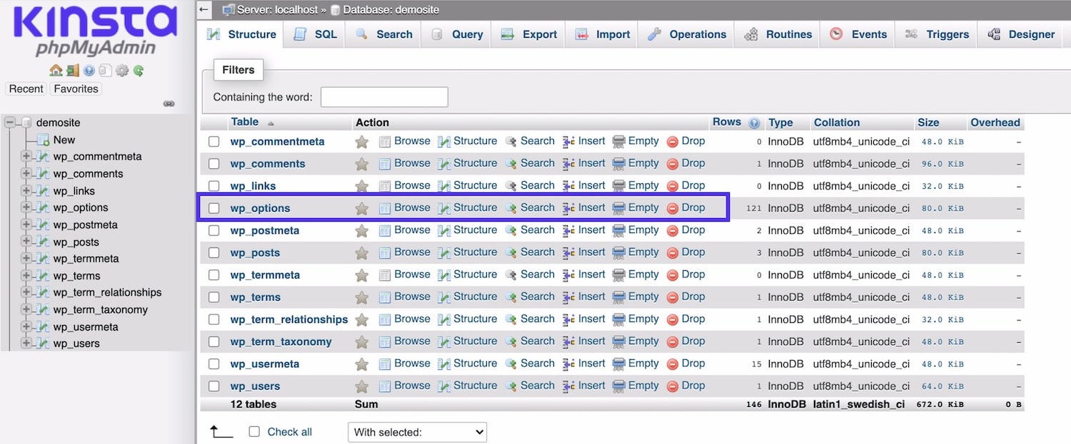 phpMyAdmin - wp_options table