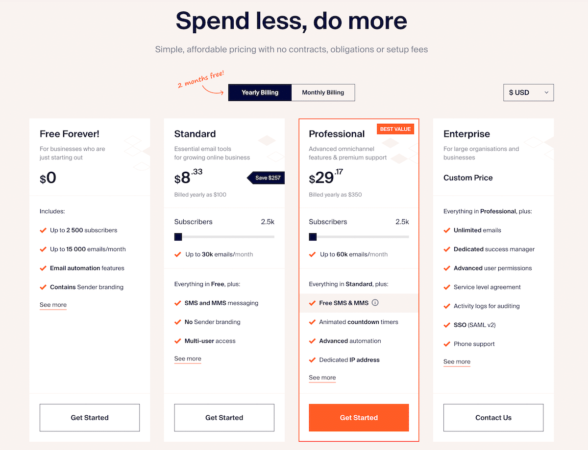 Sender pricing page