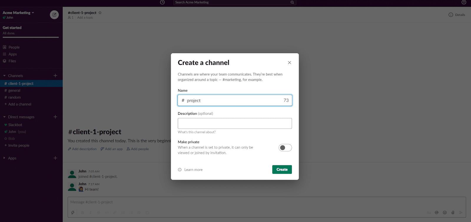 create new channel slackslack