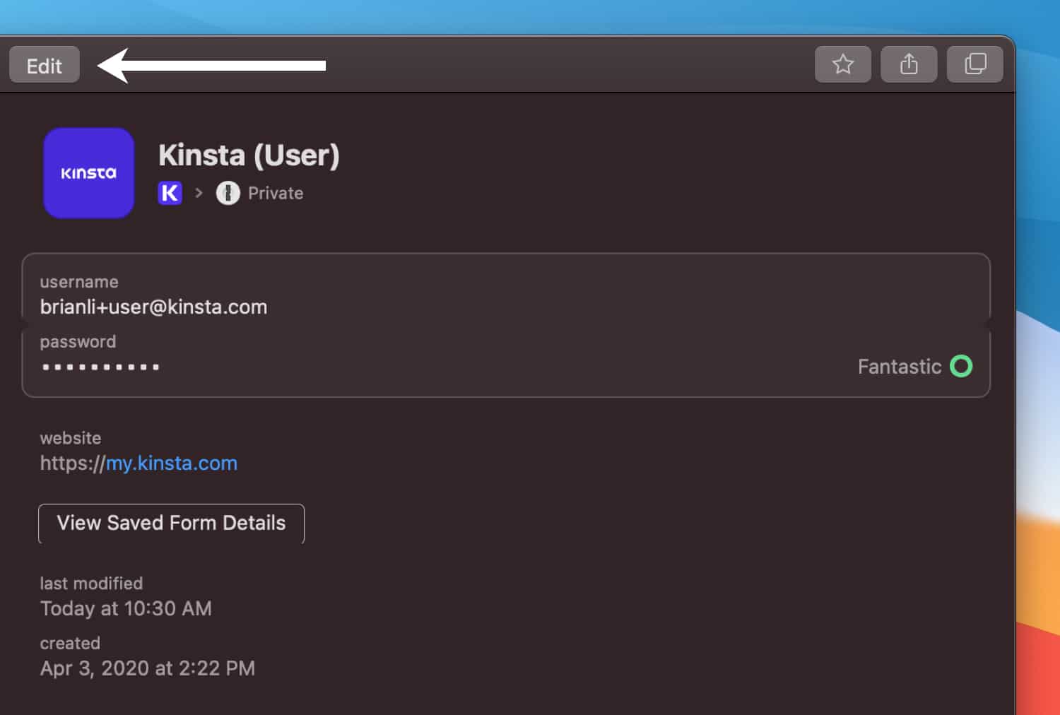 Busca y edita tu perfil de inicio de sesión de MyKinsta en 1Password.