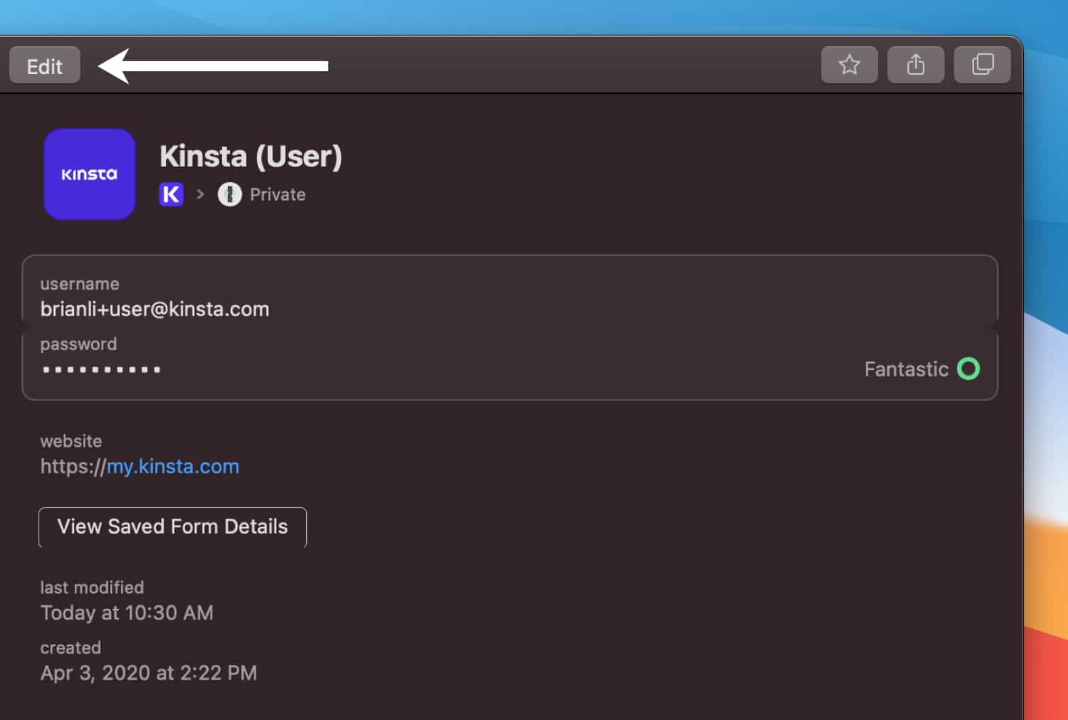Hitta och redigera din MyKinsta-inloggningsprofil i 1Password.