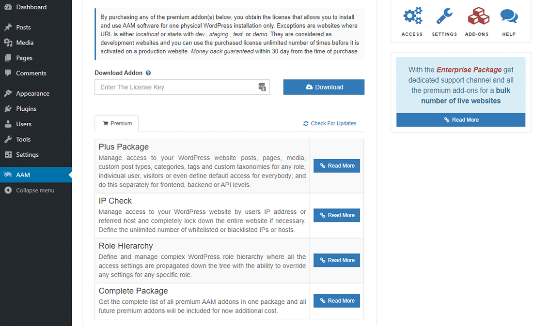 The 'Add-ons' panel in Advanced Access Manager