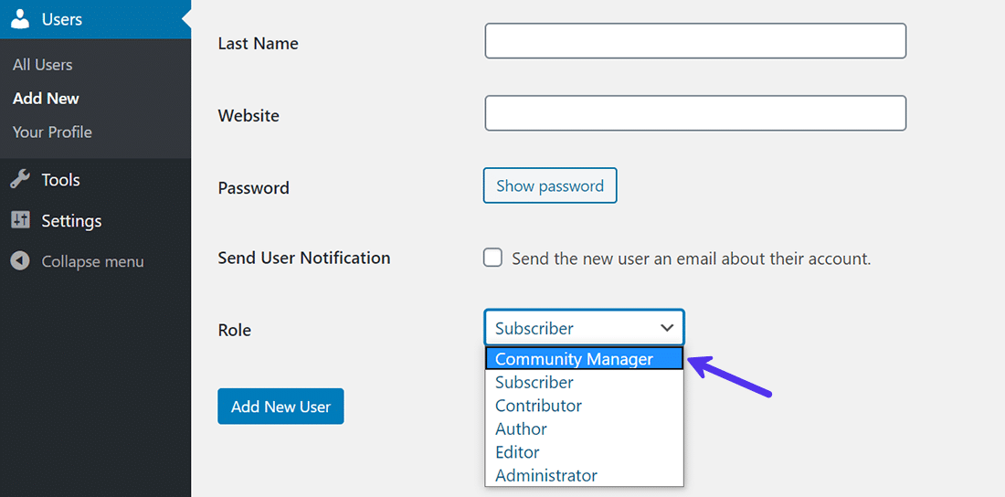 Assigning the custom user role to new users