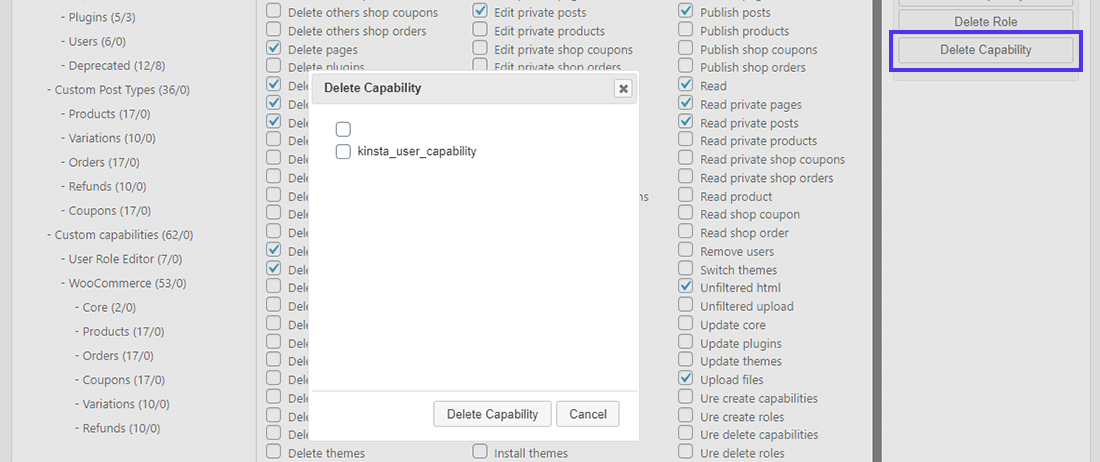 Delete Capability button in User Role Editor