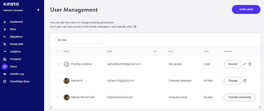 The 'User Management' screen in MyKinsta dashboard