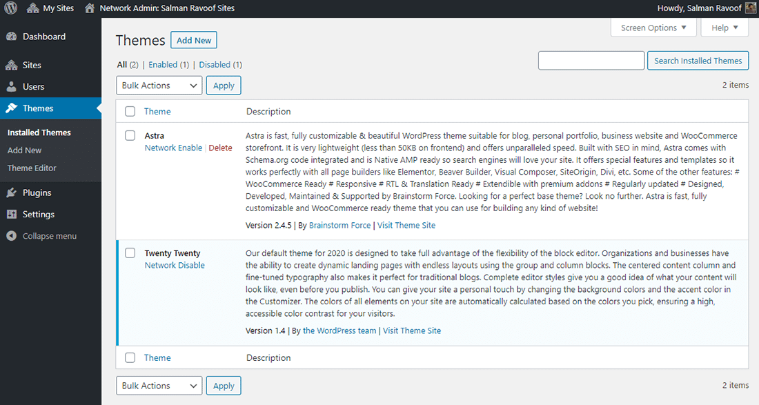 The 'Themes' panel in Network Admin dashboard