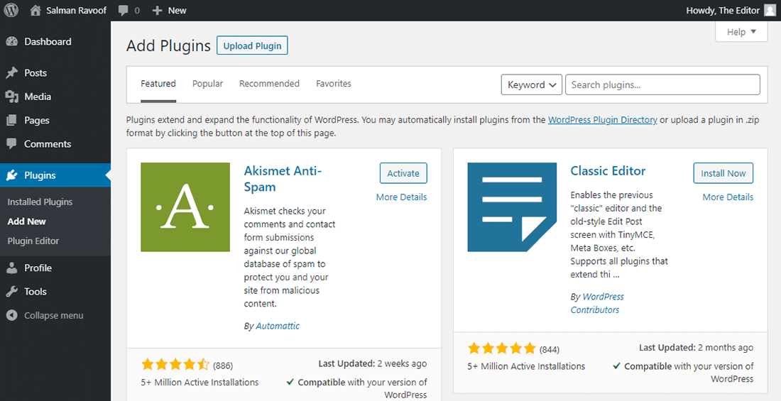 The ‘Add Plugins’ screen in Editor dashboard