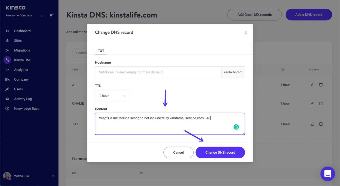 Update your SPF TXT record to include MailChannels in Kinsta DNS