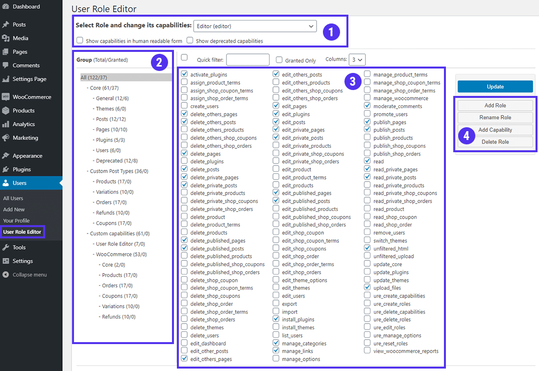 The User Role Editor dashboard