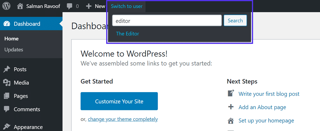 Switch to user link in WordPress admin bar