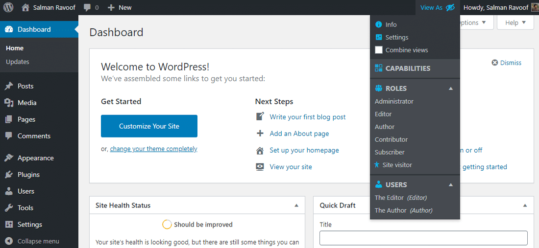 View As menu in the WordPress admin bar