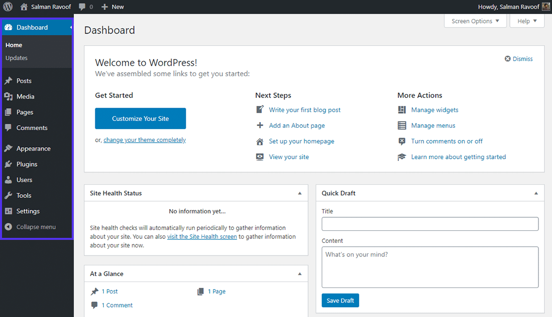 The 'Administrator' role dashboard in WordPress