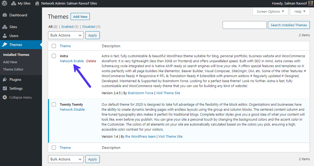 The 'Themes' panel in the Super Admin dashboard