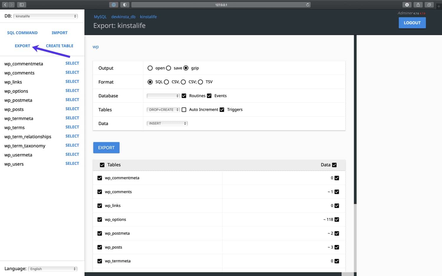 Exportar um backup do banco de dados da Adminer.