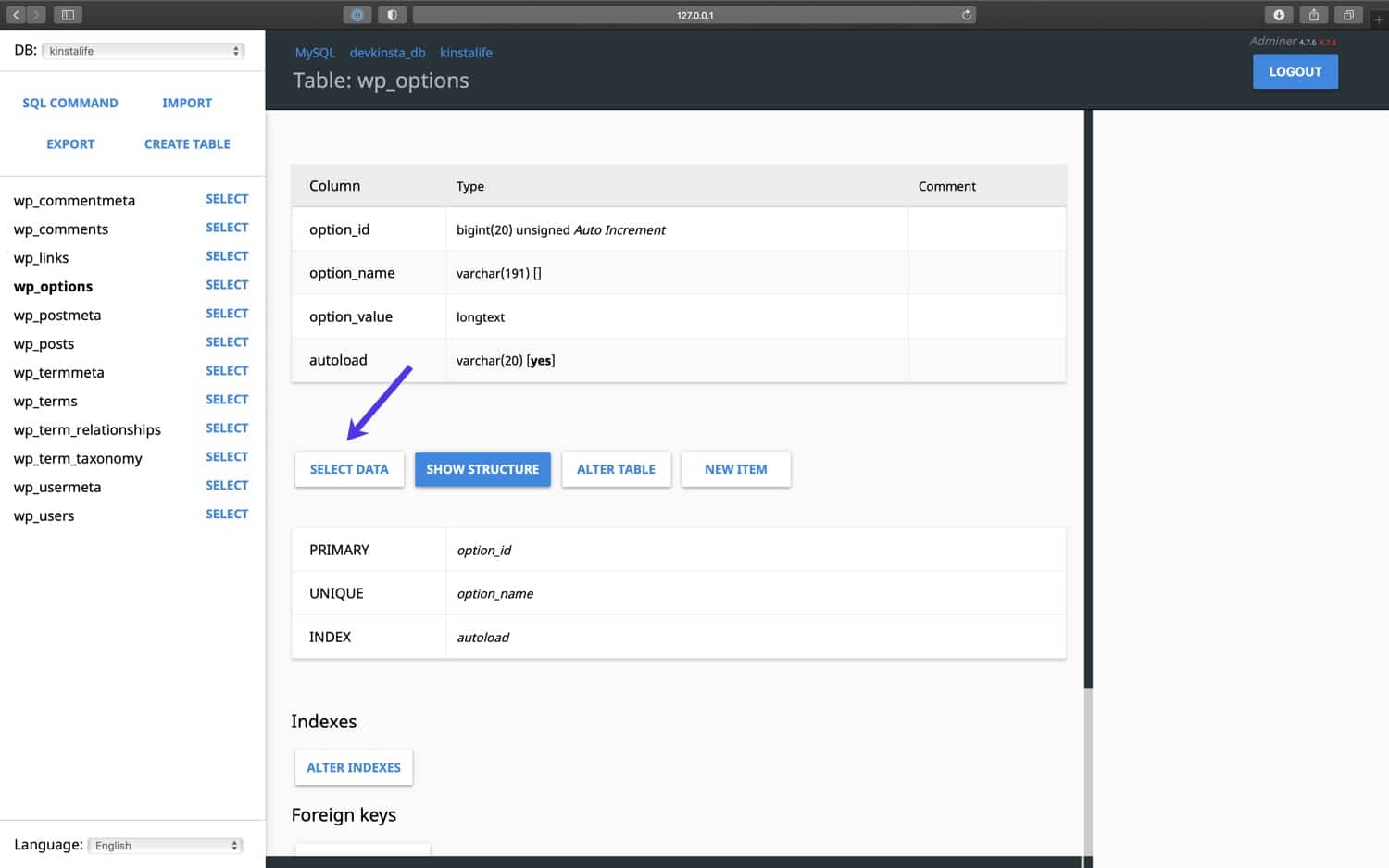 Haz clic en "Seleccionar datos" para editar tus tablas de la base de datos de WordPress.