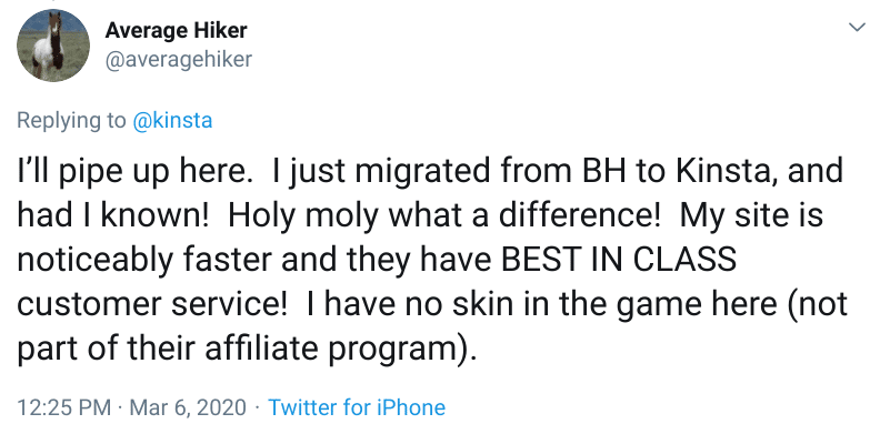 Una review del alojamiento Kinsta de WordPress de @averagehiker en Twitter.