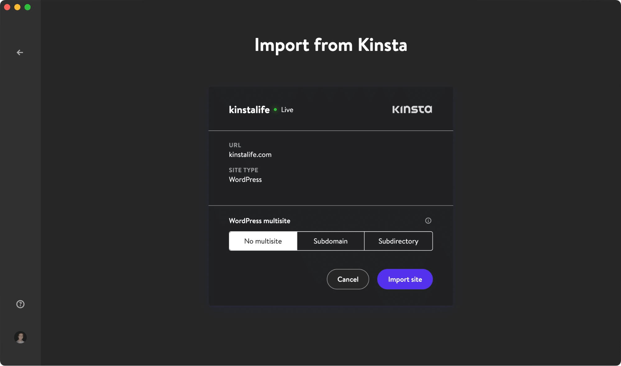 Klone deine Live-Seite mit der Funktion "Import aus Kinsta".