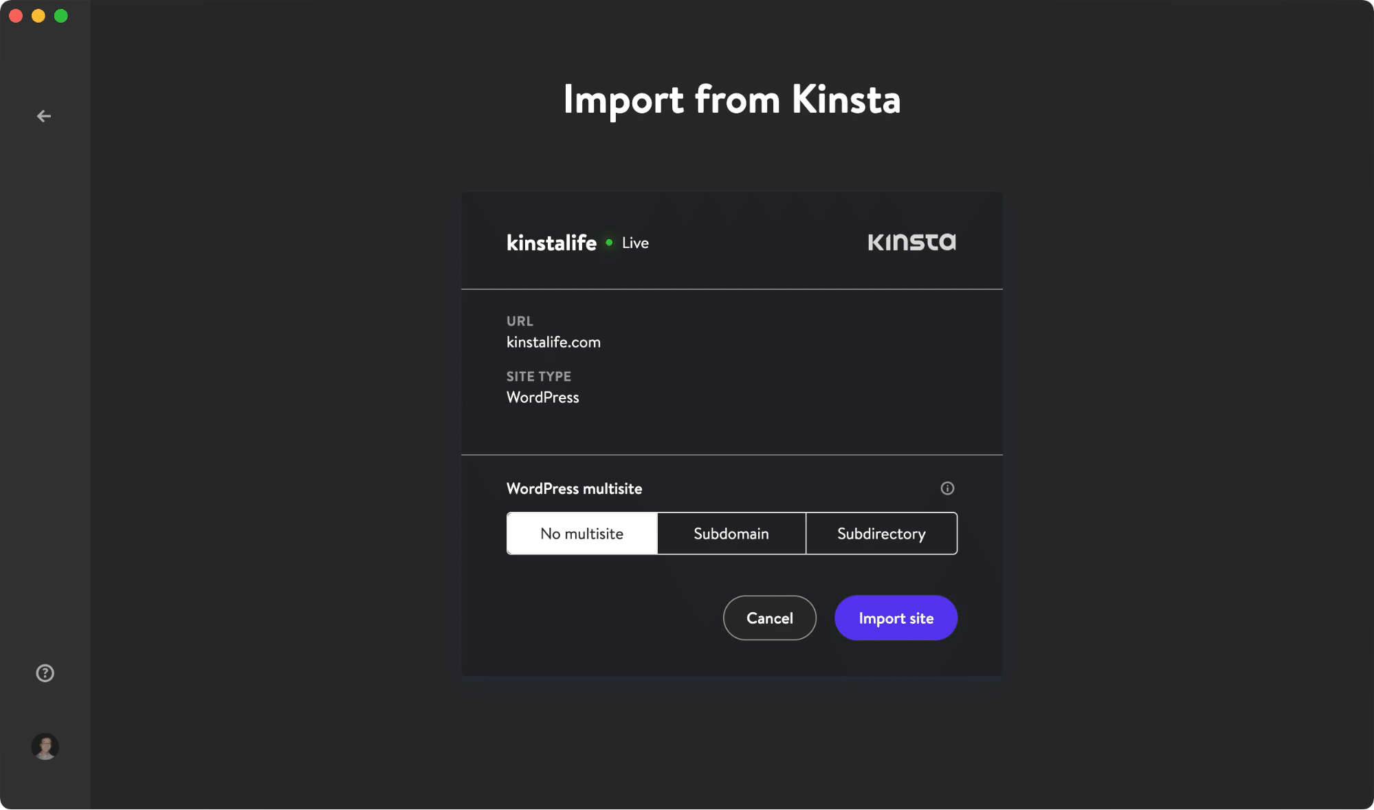 Clone su sitio en vivo con la función "Importar desde Kinsta".