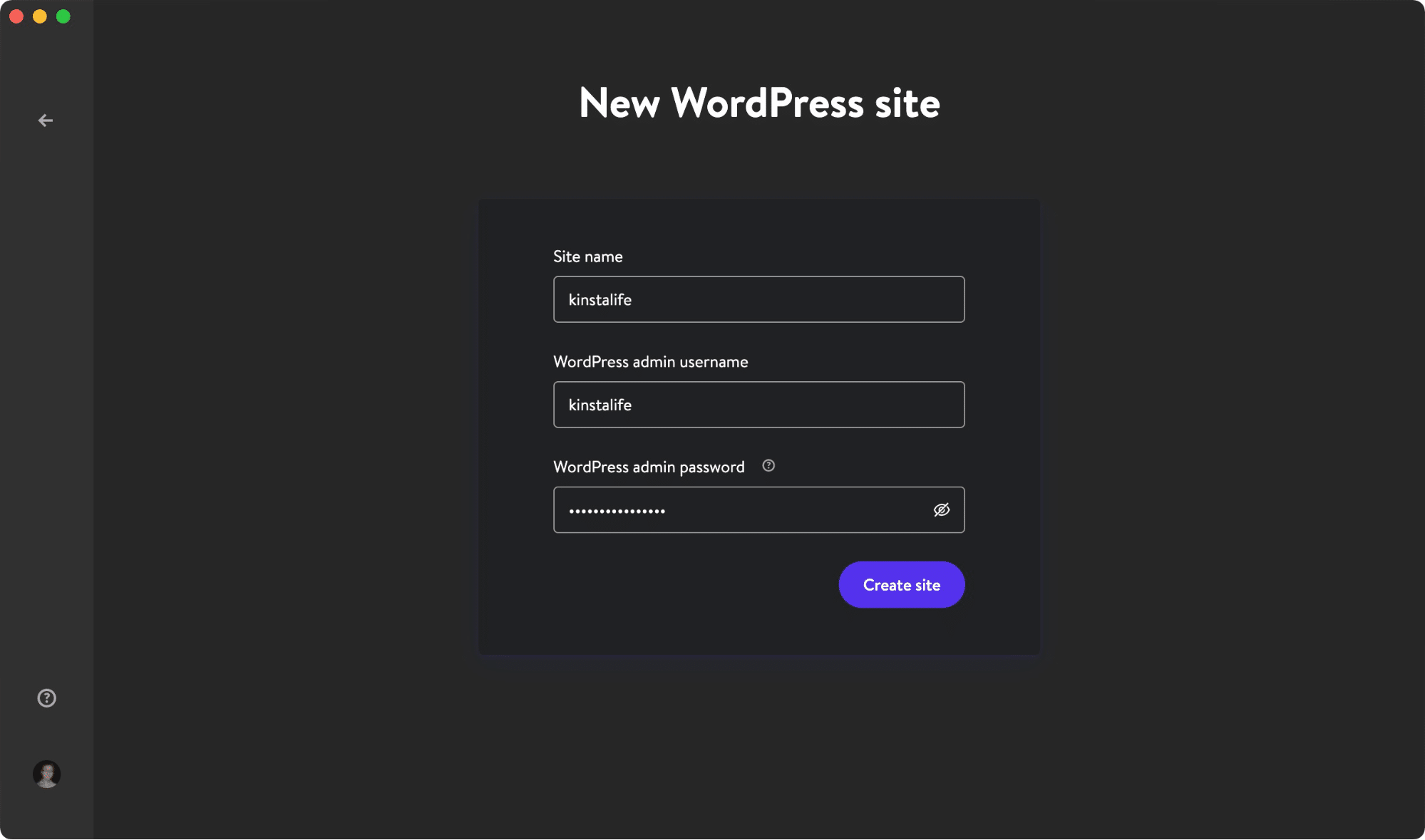 Opret et nyt WordPress-sted i DevKinsta. 