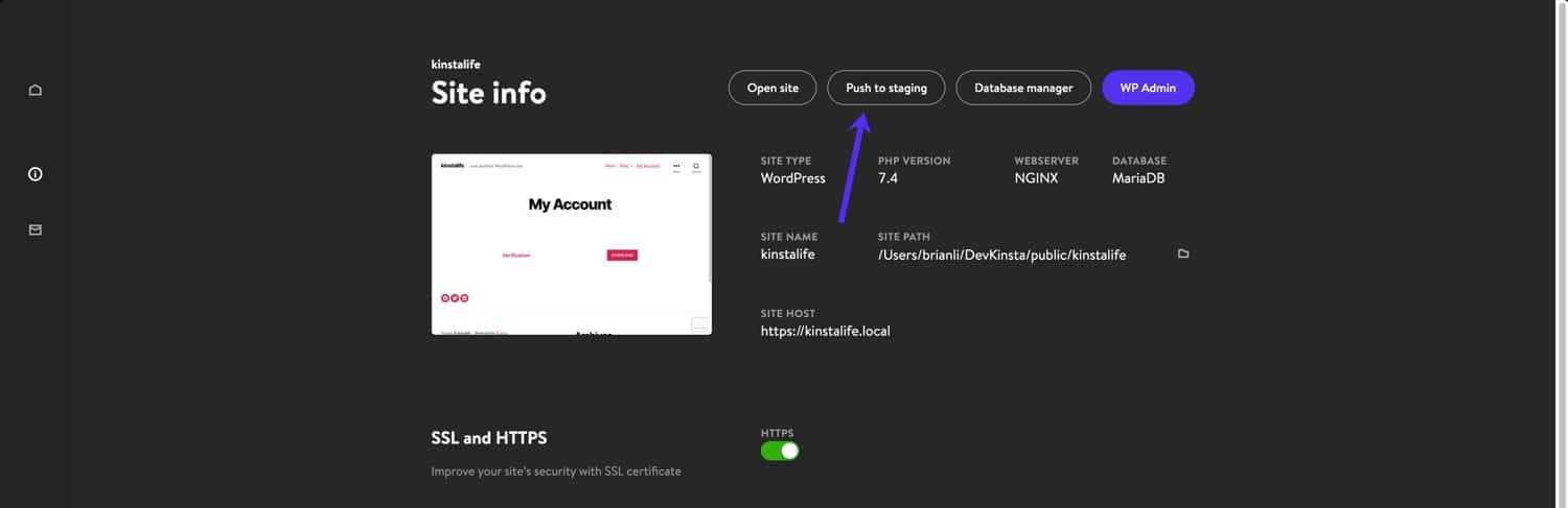 Invio del sito WordPress locale a un ambiente di staging di Kinsta.