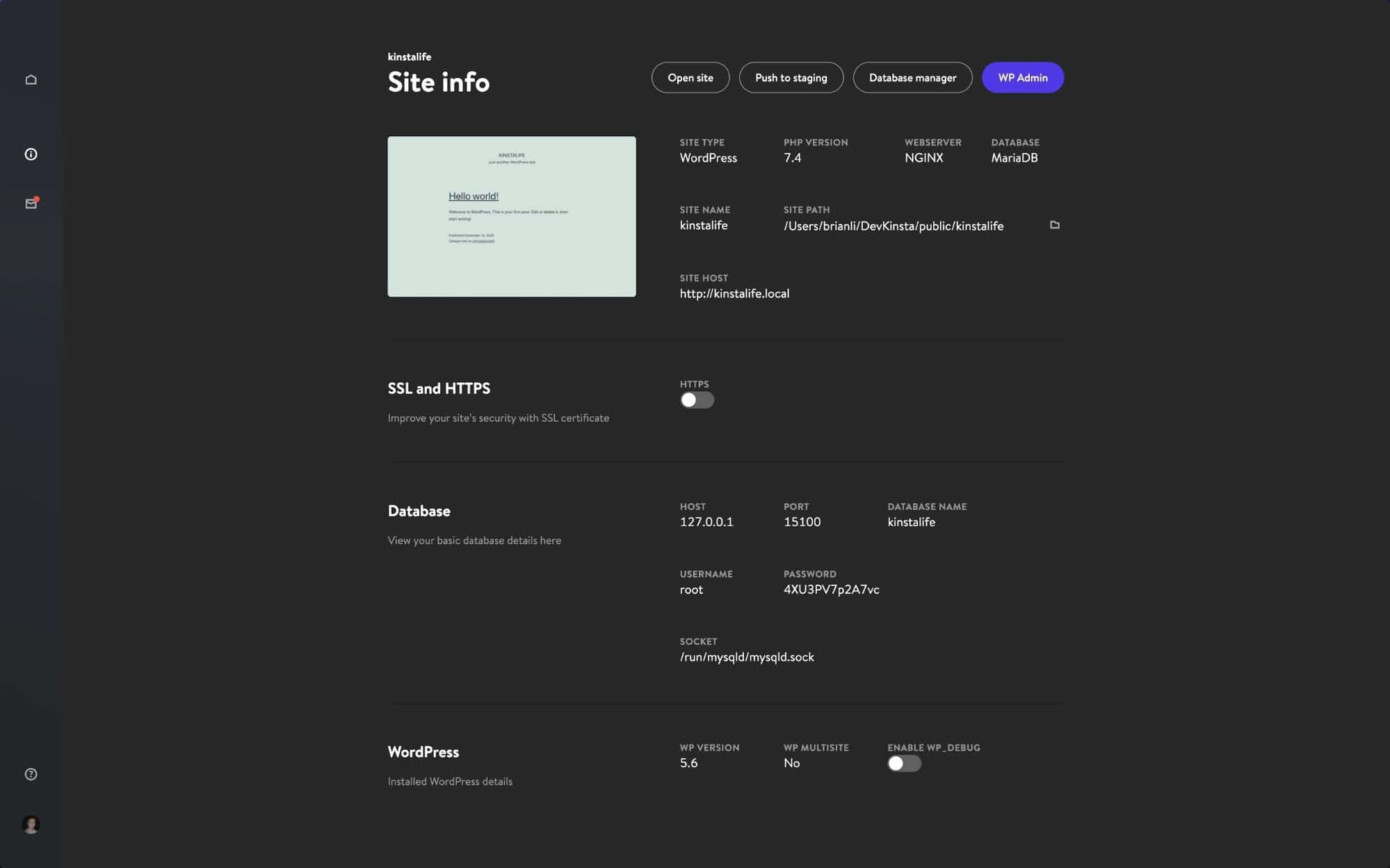 Skærmbilledet "SideInformation" i DevKinsta