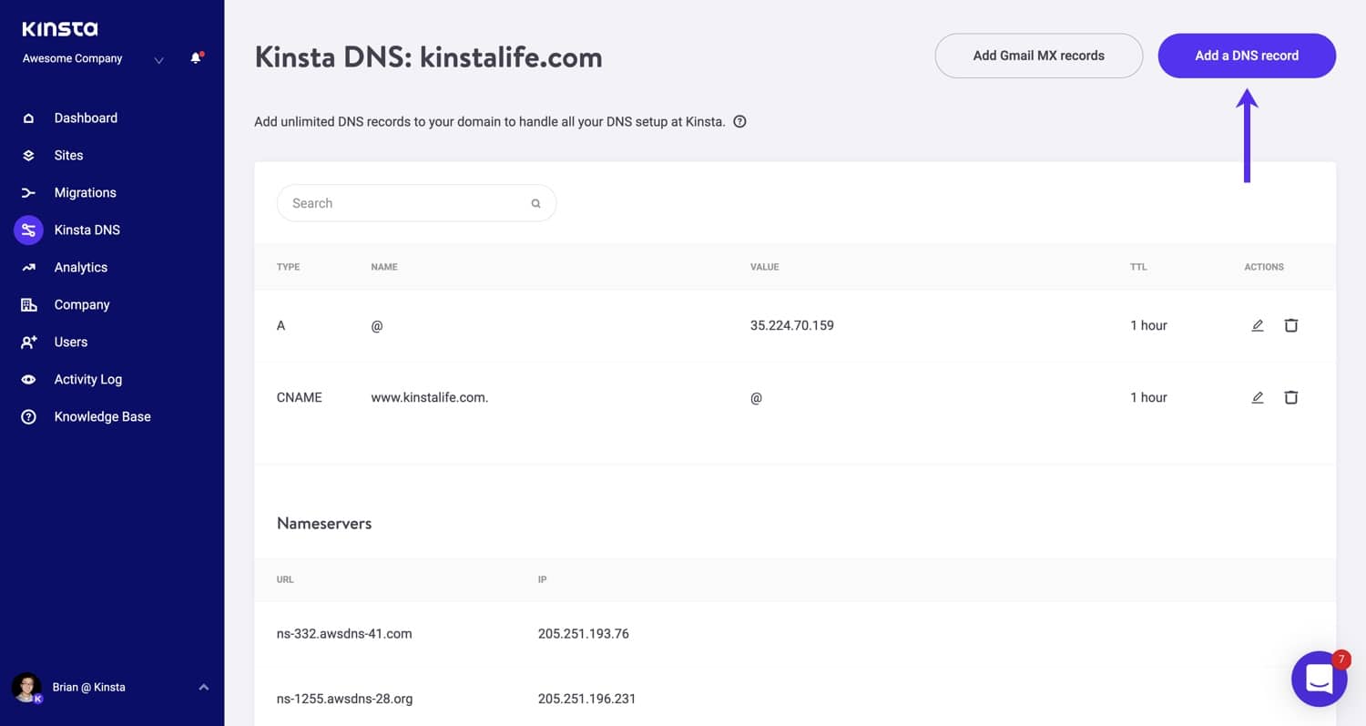 Añade un registro DNS en MyKinsta.