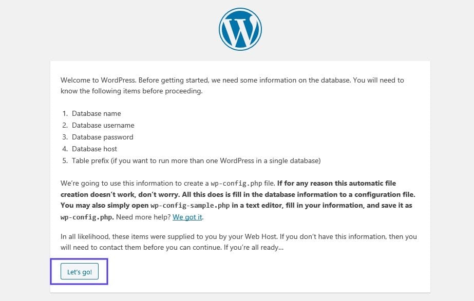 Siden med database detaljer for en ny WordPress-installation