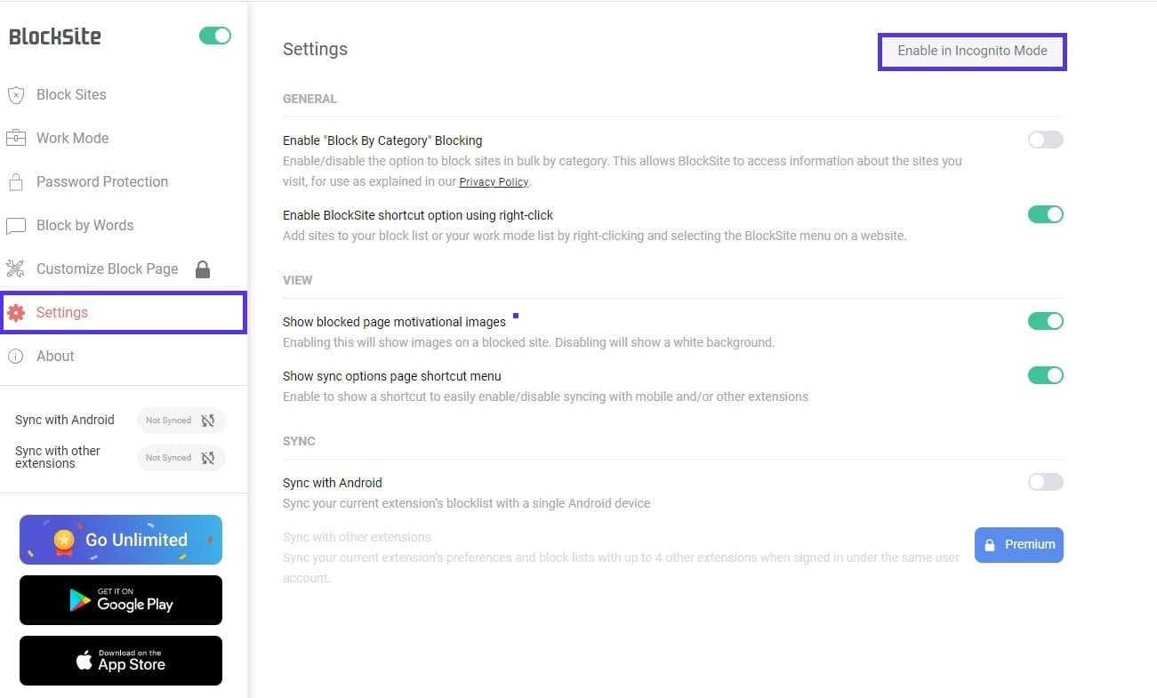 blocksite enable in incognito mode