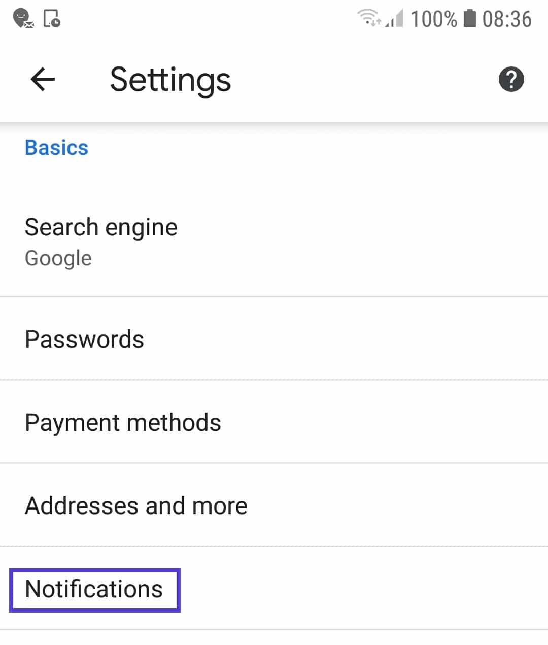 chrome mobile settings notifications