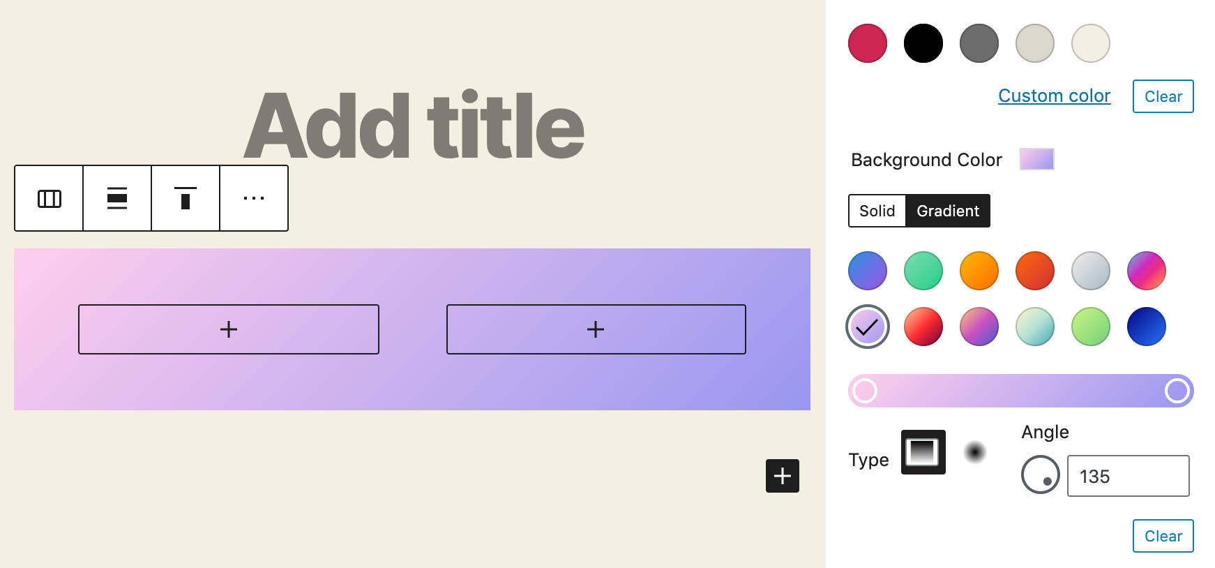 Background gradient settings for the Columns block