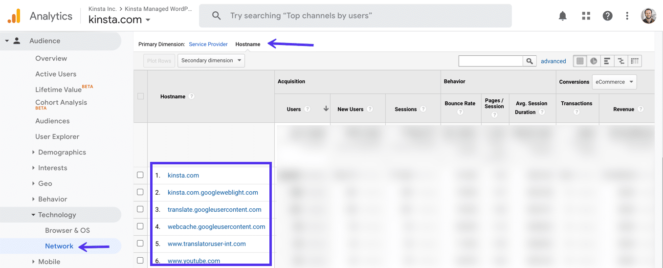 Select hostname as your primary dimension in GA