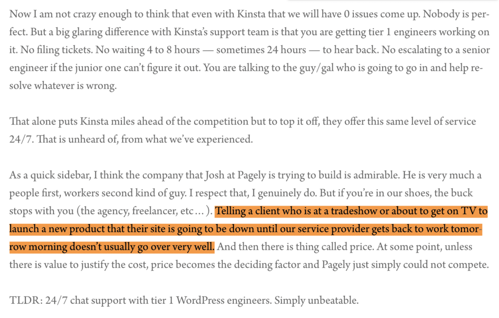 Zach Mettra's support comparison between Kinsta and Pagely.